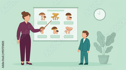 Teacher explaining mushroom types to a young student in a classroom