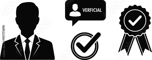 Black Icons Representing Verification and Official Status on White Background check mark