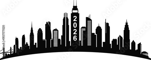 Black silhouette city skyline with bridge and 2026 on a skyscraper cityscape