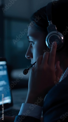Professional businesswoman working late with headset in office