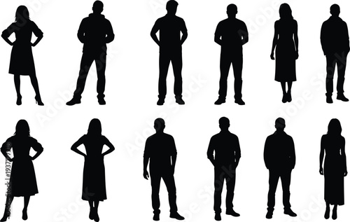 Standing people silhouette collection, men and women full body human figures vector set isolated character poses for design