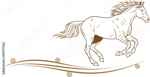 Brown Outline Of A Galloping Horse With Swirling Decorative Elements On White running motion