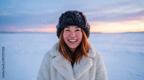Joyful Woman in White Fur Coat on a Frozen Plain