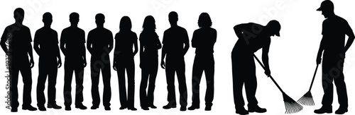 Silhouette collection of standing people and workers raking leaves, landscaping maintenance team cleaning garden or park, community service and manual labor concept