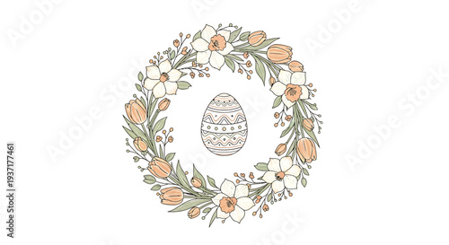 Hand Drawn Easter Egg Floral Wreath Illustration.