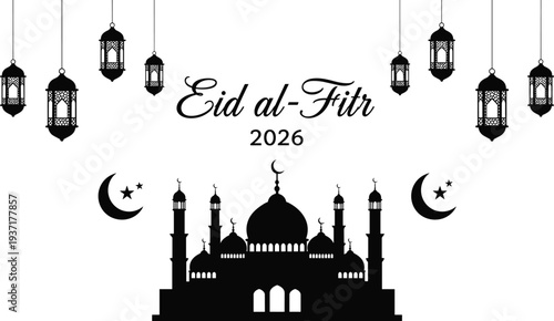Eid al- Fitr 2026 Islamic celebration with mosque and lanterns on white background Eid al-Fitr