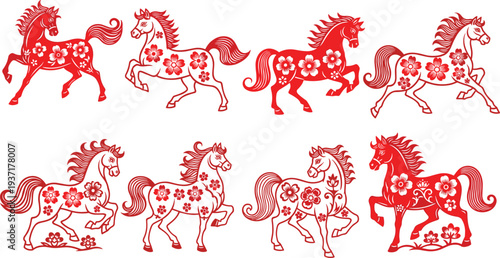 Eight red stylized horses adorned with floral patterns for Chinese New Year flowers