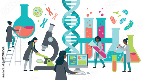 Scientific research concept with women scientists and lab equipment