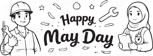 Happy May Day Labour Day Black and White Line Art Vector Illustration with Workers