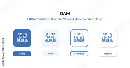 dam 4-state UI button. Outline icon kit from ecology collection. Thin linear dam, energy, power editable vector. Minimal dam sign for web and mobile interface