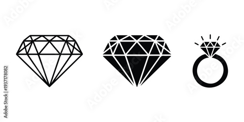 Black and white illustrations of diamonds and a diamond ring