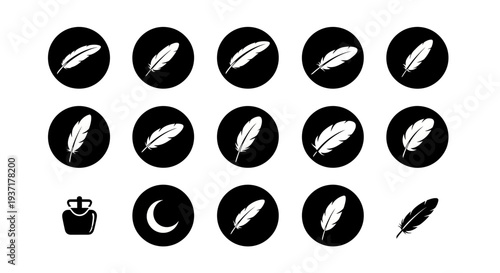 Feather Icons Collection - Inkwell, Moon, Quill Pen Symbols