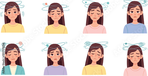 Woman Experiencing Dizziness and Vertigo Symptoms Collection with Female Characters Showing Headache, Nausea and Health Discomfort Vector Illustration Set