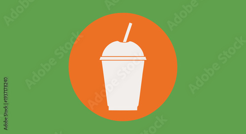 Flat design icon of a takeaway coffee cup with straw on orange circle, green background