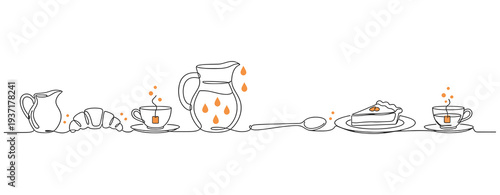 Continuous one line drawing croissant, croissant, donut, hot drink cup, tea ceremony. Coffee posters. One line vector illustration