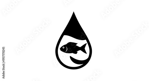 Fish in water drop logo, aquatic life, conservation concept, simple vector icon