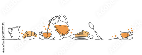 Continuous one line drawing croissant, croissant, donut, hot drink cup, tea ceremony. Coffee posters. One line vector illustration
