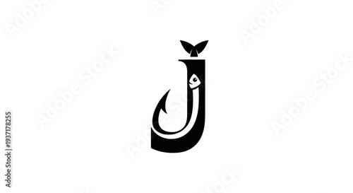 Fishing Hook Letter J Logo with Fish Silhouette