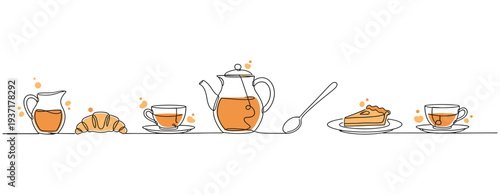 Continuous one line drawing croissant, croissant, donut, hot drink cup, tea ceremony. Coffee posters. One line vector illustration