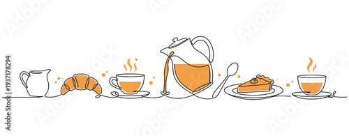 Continuous one line drawing croissant, croissant, donut, hot drink cup, tea ceremony. Coffee posters. One line vector illustration