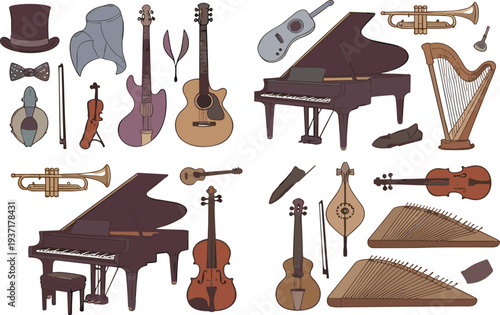Vintage musical instruments and classical orchestra elements collection with piano guitar violin harp trumpet retro vector illustration set