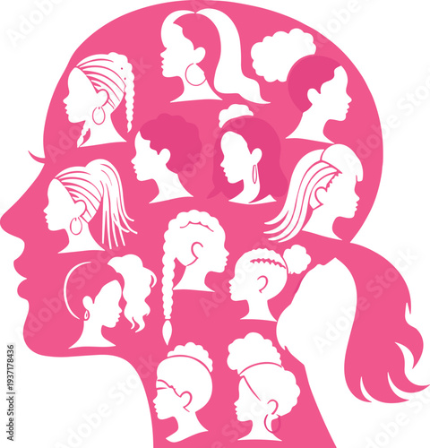 Pink silhouette of a woman's head filled with diverse female profiles vector illustration