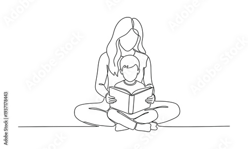 Continuous one line drawing. Family concept. Mother and son reading book. National Single Parent Day. One line design vector illustration
