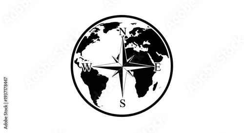 Global Compass Rose with World Map Silhouette