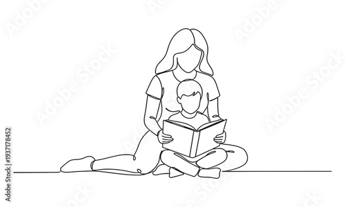 Continuous one line drawing. Family concept. Mother and son reading book. National Single Parent Day. One line design vector illustration