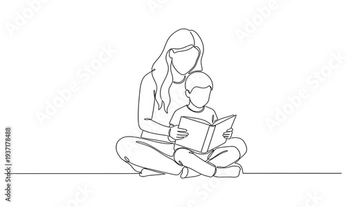 Continuous one line drawing. Family concept. Mother and son reading book. National Single Parent Day. One line design vector illustration