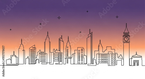 Minimalist City Skyline Silhouette at Sunset.
