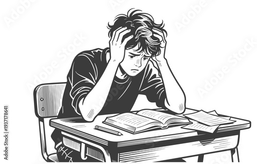 Frustrated Teenage Boy Overwhelmed by Study at School Desk