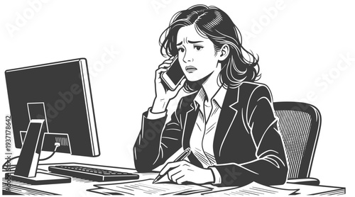 Worried Businesswoman on Stressful Phone Call at Office Desk
