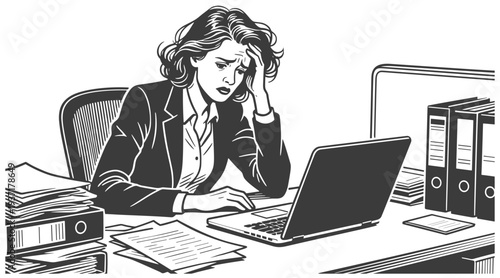 Stressed Businesswoman with Headache Working at Laptop in Office