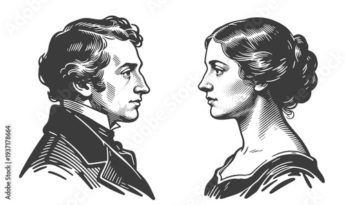 Profile Portraits of 19th Century Young Man and Woman Facing Each Other in Vintage Style
