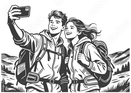 Adventurous Young Couple Taking Selfie on Hiking Trail with Backpacks