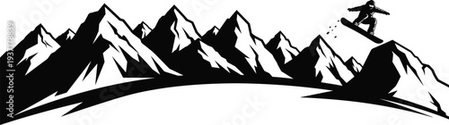 Snowboarder airborne over jagged mountain peaks in black and white jumping