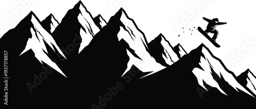 Snowboarder jumping off a mountain ridge in a stark black and white graphic vector illustration