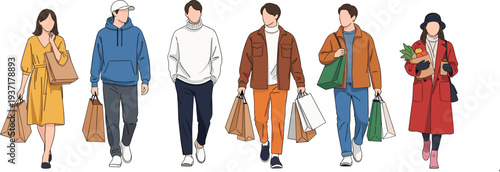 Group of shoppers walking with shopping bags, modern people retail sale concept, casual fashion buyers flat vector illustration