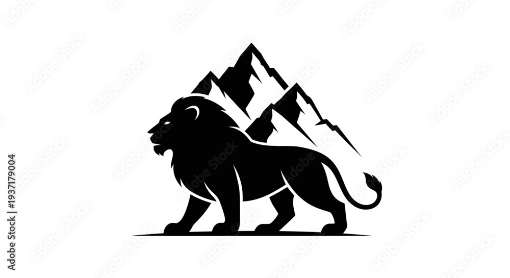 Fototapeta premium Lion silhouette and mountain peaks