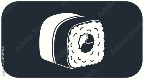 Minimalist sushi roll icon, Japanese food symbol, white illustration on dark background