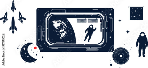 Space Exploration Scene With Astronaut Earth Rockets And Moon spaceman cosmonaut