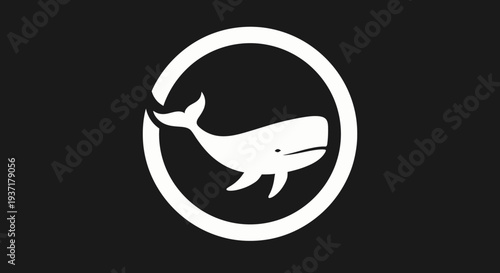 Minimalist White Whale Silhouette in Circle Icon on Black Background