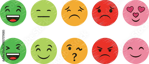 Hand drawn emoji emotion icons set with happy sad angry confused and love faces colorful sketch style vector illustration