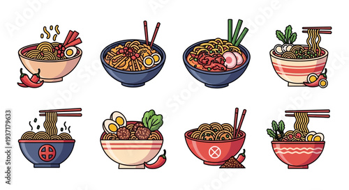 Variety of Asian noodle soups served.