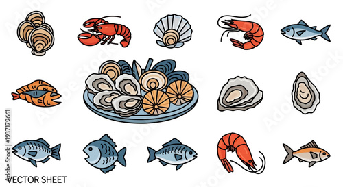 Colorful seafood icons on plate.