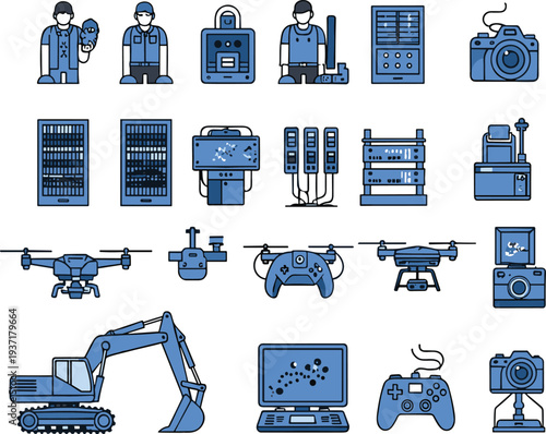 Technology and electronics icon collection featuring drones servers cameras robotics equipment and devices modern flat vector set