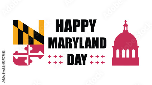 happy maryland day celebration banner with maryland flag element and state house icon, patriotic american state holiday greeting design