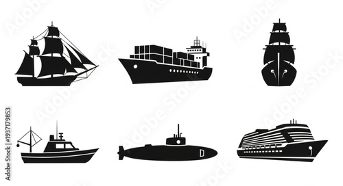Collection of diverse ship silhouettes for maritime transport illustration.