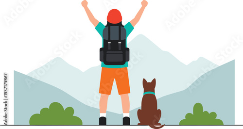 Hiker with backpack raising arms on mountain peak with dog, adventure travel success and outdoor freedom concept vector illustration